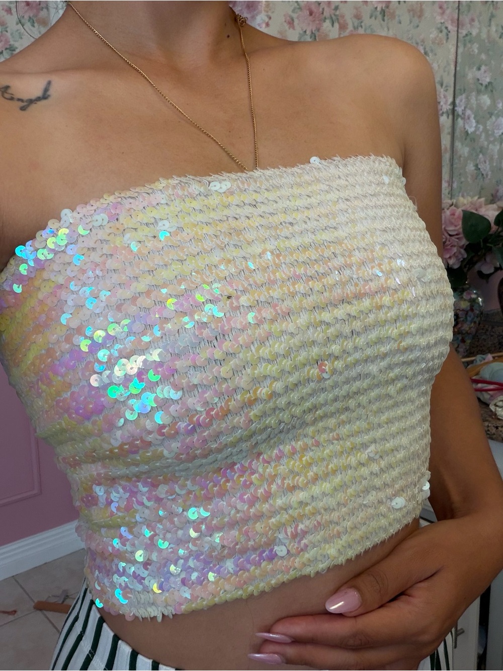 Y2K Iridescent Sequin Strapless Tube Top - White